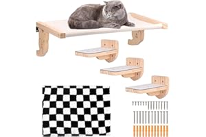 OUTTYBRAVE Hamac chat fixé au mur, mobilier mural en bois pour chat, étagères et barres, étagère murale avec peluche, plateforme pour dormir, jouer et escalader