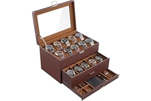 ProCase Organizadora para Relojes para Hombre, 20 Ranuras Caja Organizadora de Joyería de 3 Capas con Cajón Estuche de Almacenaje con Tapa de Cristal Vitrina Expositor -Marrón