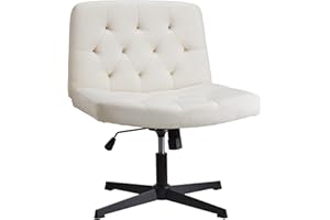 WangPangzi Armless Home Office Chair,Desk Chair No Wheels,Wide Seat Vanity Chair,Padded Fabric Makeup Chair For Bedroom,Cross legged chair(Beige)