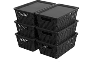 CITYLIFEHOUSE Citylife Set of 6 Pack Plastic Storage Baskets With Lid, Storage Basket for Organizing,Stackable Storage Containers Bins Boxes for Kitchen Bathroom Desktop Closet Classroom Office,Black