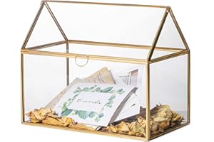 NCYP 26cm Glass Wedding Cards Box with Lid for Receiption, Handmade House Shape Gold Clear Large Geometric Terrarium Planter for Succulents, Home Party Centerpiece Gift (Glass Box Only)