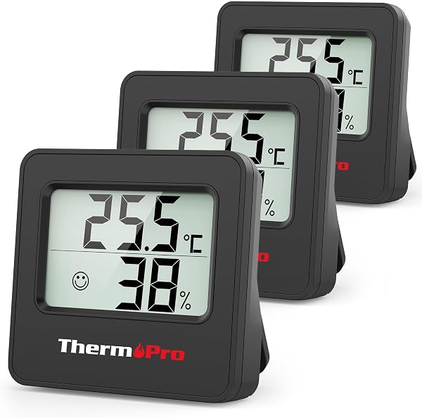ThermoPro Hygrometer Mini Thermometer Innen 3er Set 0.5℃ Präzise Raumthermometer Luftfeuchtigkeitsmesser mit Smiley-Indikator Ideal für Wohnzimmer, Büro, Garage oder Gewächshaus, Schwarz - 1
