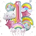 Rainbow Party Decorations 1st Balloons - 9Pieces Rainbow Cloud Balloon Set with Numbers Rainbow Cloud Stars Round Foil Balloons for Girls Rainbow 1st Birthday Party