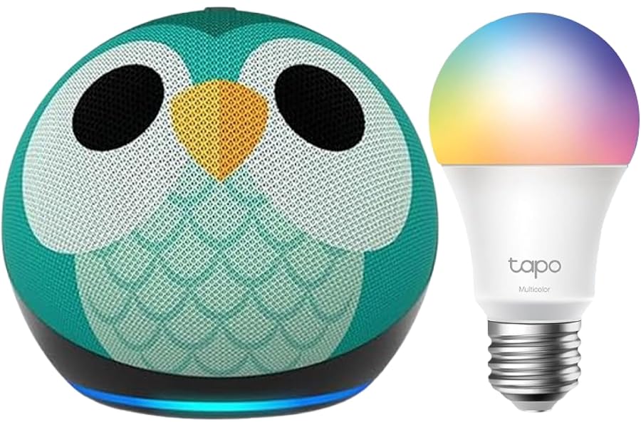 Echo Dot Kids (Neueste Generation) | Eulen-Design + Tapo Smart Glühbirne (E27)