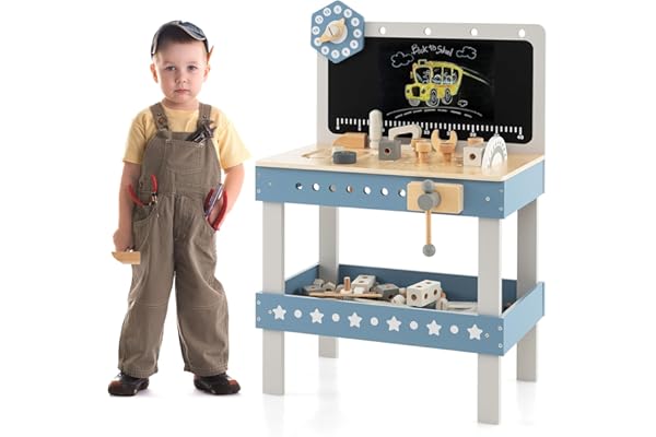 COSTWAY Jouet d'Etabli en Bois pour Enfants avec 5 Outils & 56 Accessoires, Jouet Bricolage Enfants avec Tableau Noir & Etagère Inférieure, Jeu d'imitation pour Garçons et Filles de 3 Ans+