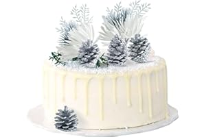 Blumomon 5Pcs Winter Wonderland Cake Decorations Artificial White Flower Artificial Pine Cones Cake Toppers for Winter Christmas Xmas Holiday Party Supplies