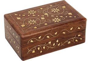 Ajuny Hand Crafted Wooden Decorative Trinket Jewelry Box Organiser with Mughal Inspired Floral Carvings & Brass Inlay-Centre Flower