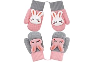 Smilcloud 2 Pairs Kids Knitted Gloves Plush Lining Mittens Winter Warm Mittens Full Finger Gloves with String for 1-3 Years Old Boys Girls