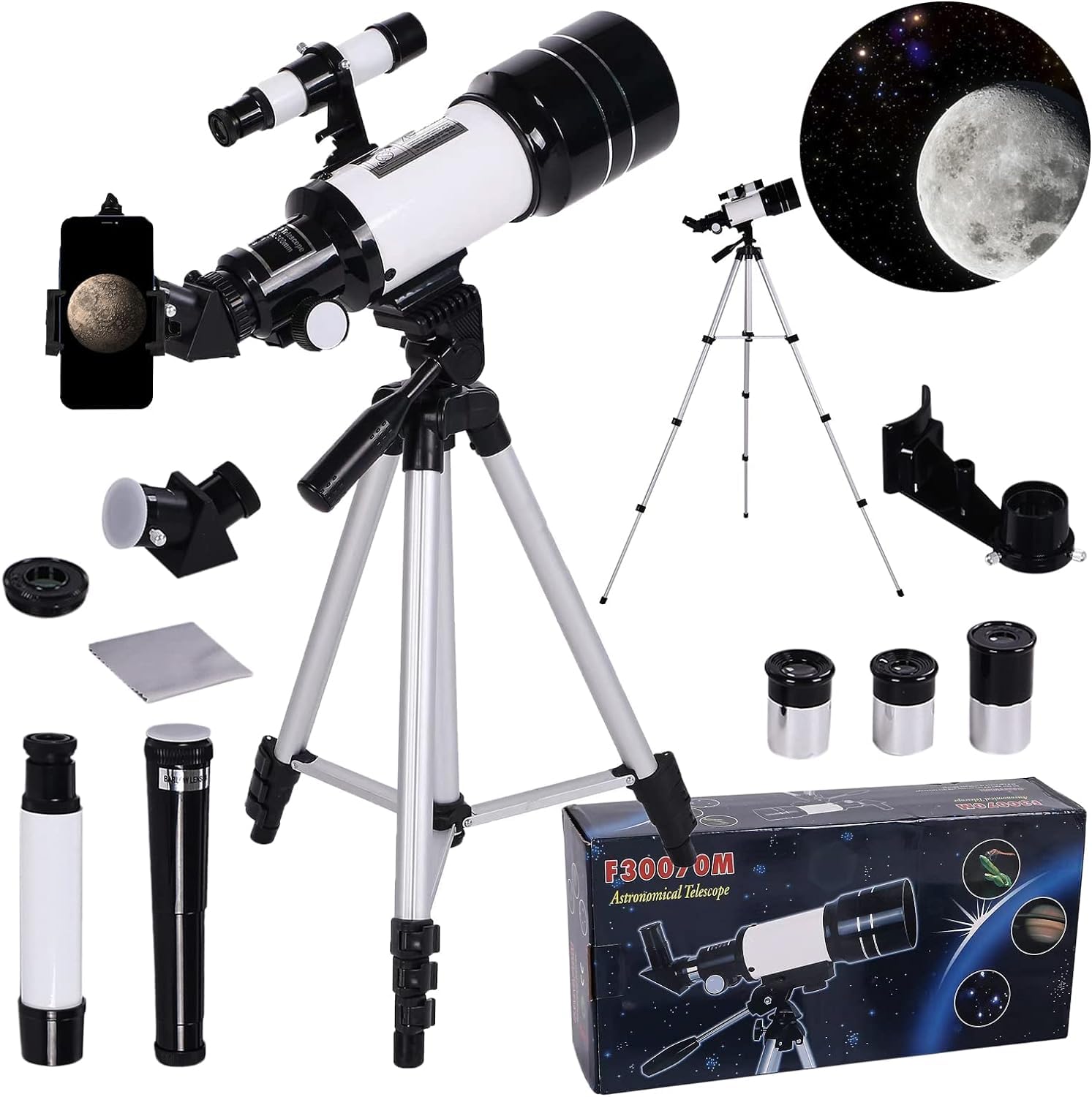 Clefairy Telescope for Astronomy Adult Kids Beginners, 150X Astronomical Refractor Telescope, 300X70mm Telescop with Tripod Smartphone Adapter