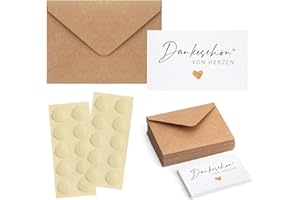 VOSSOT Lot de 20 petites cartes de remerciement, avec enveloppes en papier kraft et sceau doré, 9 x 5,4 cm, mini carte de remerciement, pour anniversaire, mariage, bricolage, cartes de remerciement