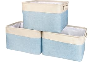 EDATOFLY 3 Pcs Cestas Organizador de Tela Plegable, Cestas de Almacenaje Canasta de Lino con Manijas para Hogar Oficina Estanterías Armarios Ropa Juguetes (Beige&Azul)