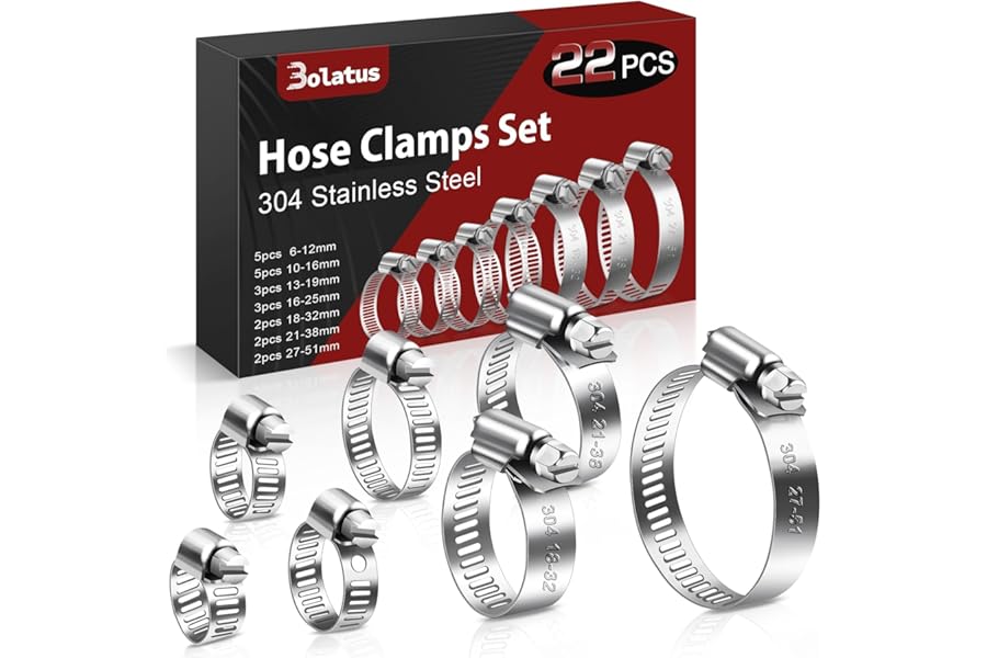 Bolatus Hose Clips Set 6-51 mm, 22 Pcs Hose Clamp Stainless Steel 304 Adjustable Screw Clamps, 7 Sizes Pipe Clamps Assortment for Pool, House Gas Pipe, Garden Hose