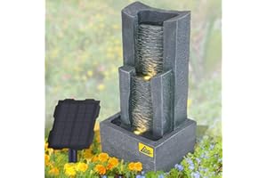AMUR Fuente Solar para jardín, Fuente Solar, Stein-Kaskade de 3 Niveles con luz LED, Fuente Decorativa, Cascada, Fuente de Agua, Gris Claro, luz de jardín, Bomba de Estanque para terraza, balcón