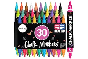 Chalkola à double pointe stylo craie effaçable - (lot de 30, pointe fine 1 mm + pointe grasse 5 mm) | Chalk Marker et Stylo Craie pour Tableau Noir | Effacable Marqueur pour Vitre, Fenetre Verre