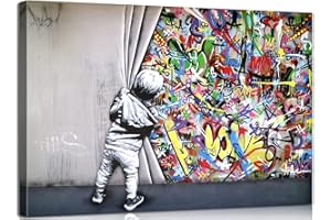 chongjian Banksy Graffiti Peinture murale sur toile Behind the Curtain Graffiti Street Art Tableau sur toile Poster et impressions murales pour salon (avec cadre A, 16 x 24")
