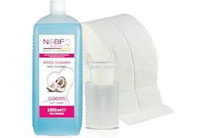 N&BF NAILS FACTORY Nagel Cleaner Cocos Duft 1000ml + Dispenser Pumpflasche (Weiß) + 1000 Zelletten Pads – 70% Ethanol – Allrounder für Nageldesign, Reinigung & Schwitzschicht-Entfernung