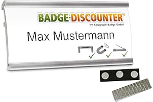BADGE-DISCOUNTER BY APOGRAPH BADGE GMBH 10 Aluminium Namensschilder magnetisch für Kleidung zum Anstecken Komplettset NMSG Silber Alu Namensschild beschriften 3er Magnet Clip Nadel Papier Drucketiketten A4 Magnetnamensschild bedrucken 72x32