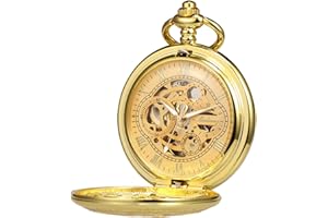 TREEWETO Montre de poche analogique avec chaîne pour homme à remontage manuel double boîtier engrenage antique chiffres romains bronze/noir/doré