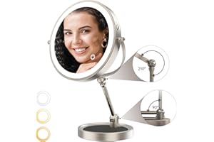 AMOLABE Schminkspiegel mit Beleuchtung, 10-fach/1-fach Vergrößerungsspiegel mit Licht, 8" Kosmetikspiegel mit Vergrößerung, 360 Grad LED Spiegel Höhenverstellbarer 3 Farblichter Einstellbare Helligkeit Nickel