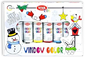 Viva Decor® Window Color Set Let it snow colori nero, bianco, giallo, rosso, verde, blu, 6 x 90 ml Window Color Set per bambini con 6 colori della finestra, formato A3 con 15 motivi Made in Germany