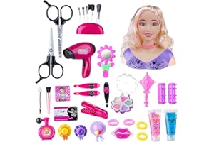 WOEAU Kids Hairdressing Makeup Doll Head - 34 PCS Toy for Hair Styling, Play Makeup and Dressing Set, Christmas and Birthday Gift for Girls