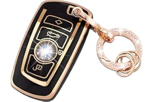Koaudb Coque intégrale pour clé de voiture BMW Coque souple en TPU noir doré avec porte-clés pour BMW 1 3 4 5 6 7 Series X3 X4 GT3 GT5 3 4 boutons Smart Key Case (R-BM-4A-B)