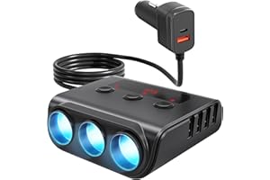 Funyord 9 w 1 Zapalniczka samochodowa 12V/24 V, 3 gniazda do zapalniczki samochodowej, 180 W USB-C/QC 3.0/Type-C, z woltomierzem LED i przełącznikiem do tabletu, telefonu, GPS, kamery rozdzielczej