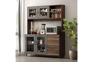 Caldion Freistehender Küchenschrank mit Glastüren, Buffetschrank Vitrinenschrank mit Einlegeböden und Schubladen,Modernes Sideboard mit Hutch und Haken