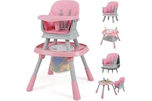 COSTWAY High Chairs for Babies and Toddlers, 16 in 1 Convertible Highchair/Table Chair Set/Building Block Table/Booster Seat with Removable Tray, Safety Harness (Pink)