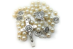 OVUNQUE PROTEGGIMI Rosario con medaglia di San Benedetto in vetro simil perla e medaglie. Corona rosario San Benedetto Con Preghiera Rosario cattolico. St. Saint Benedict Rosary. Catholic Rosary