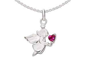 CLEVER SCHMUCK Mädchen Halskette Engel mit Zirkonia Herz rubinrot in der Hand & Kette Erbs 42 cm 925 Sterling Silber im Etui weiß