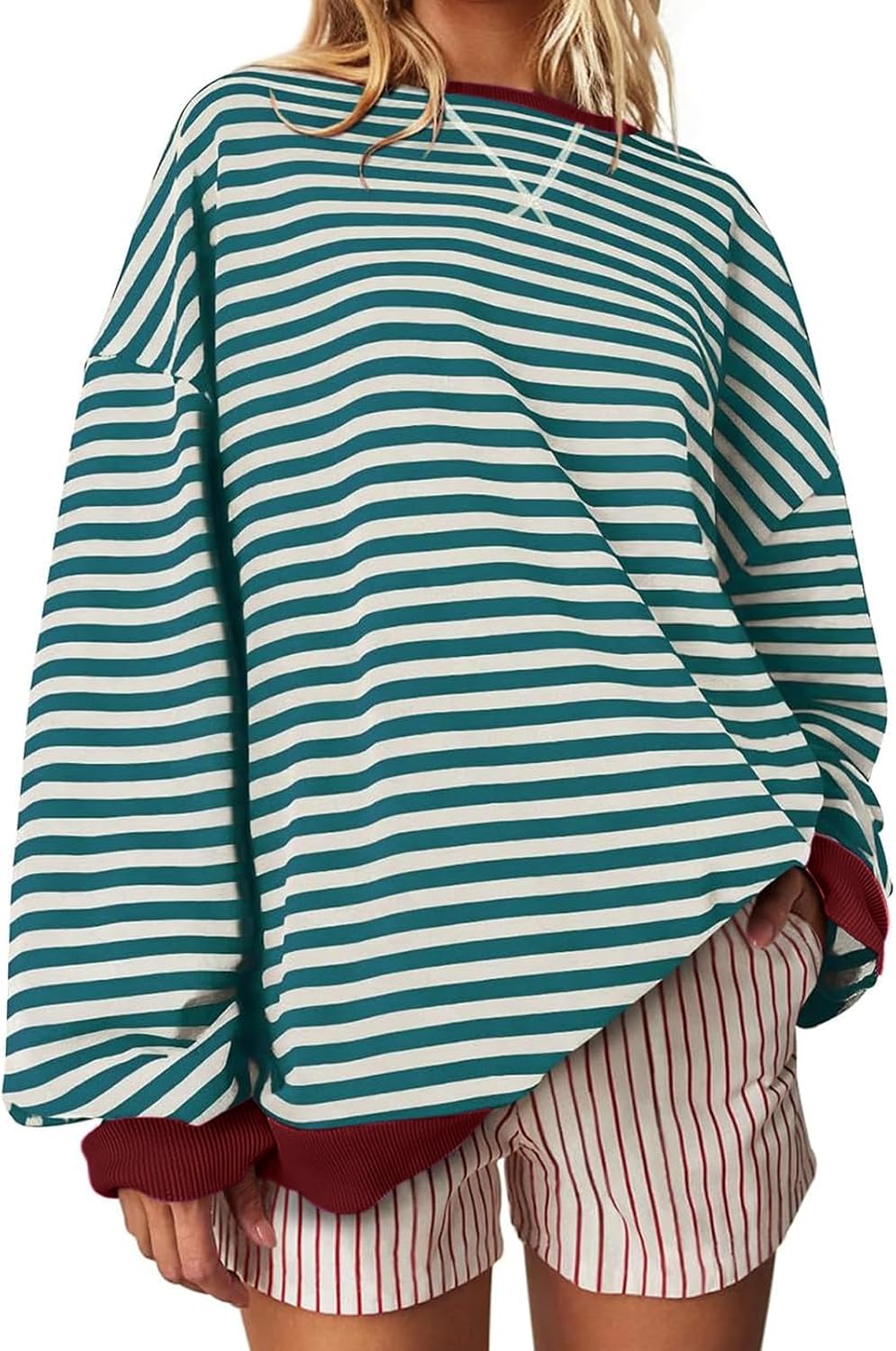 Sudadera de manga larga a rayas para mujer, casual, cuello redondo, con dobladillo de contraste en los puños