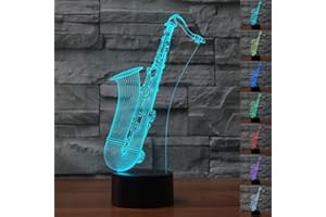 3D Lampe de Chevet Tactile,KINGCOO Réglable 7 Couleurs Led USB Veilleuse Lumière De Nuit Acrylique Lumière 3D Creative Commutateur Stéréo Visual Lampe de Atmosphère Table,Cadeau pour Noël (Saxophone)