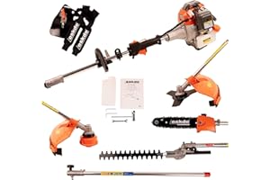 5-In-1 Garden Multi Tool - 52cc 2 Stroke Petrol Strimmer Pull Start, Brush Cutter, Hedge Trimmer, Chainsaw and Extension Pole with Harness and Tool Kit | Long Reach Gardening Multitool | eSkde