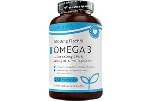 ‎NUTRAVITA Nutravita Omega 3 Kapseln Hochdosiert 2000mg Fischöl Kapseln mit 660mg EPA un 440mg DHA Unterstützt die Gesundheit von Herz, Gehirn und Augen (EFSA) 240 Weichkapseln für 4 Monate