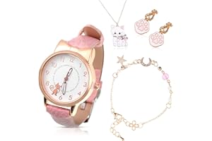 WUIOWPPIC 4 Pcs Armbanduhr Kinder Mädchen, Kinderuhr Armbanduhr Mädchen, Katze Mädchenuhr, Nette Katze Schmuckset Weihnachten, Einschulung Geschenk für Kinder 7 Jahre Mädchen Geschenke