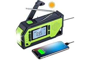 Olycism Radio portatile con display LCD e batteria ricaricabile 2000mAh Radio meteorologica con manovella Banca di energia solare Luce di carica SOS Cavatappi Jack per auricolari per esterno (Verde)