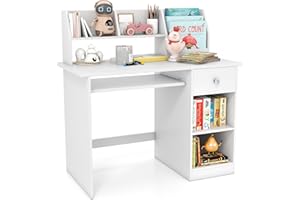 DREAMADE Bureau Enfant 90x45x90CM en Bois,Table d'Étude Fille Garçon avec Bibliothèque&Tiroir&2 Etagères&Plateau à Clavier,Bureau Enfants avec Dispositif Anti-Bascule,Charge 100KG (Blanc)