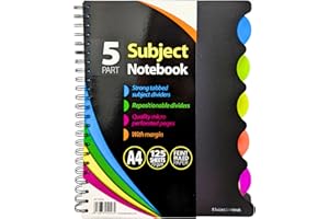 OFFICE ZONE A4 / A5 5-Part Subject Notebook with Strong Repositionable Tabbed Dividers Micro-Perforated Feint Ruled Pages with Margin 70 gsm Paper - Available in Packs of 1 3 or 5 - Ideal for School Office Home