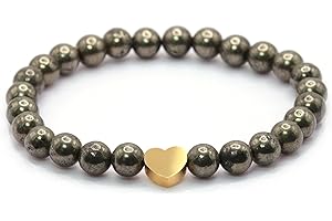 LAKADA Bracelet en pyrite véritable pierre précieuse avec perles rondes de 6mm et cœur en acier inoxydable - différentes longueurs - bracelet en pierres précieuses porte-bonheur talisman cadeau