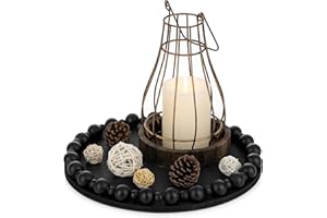 Hanobe Drewniana taca dekoracyjna okrągła: Vintage czarna taca dekoracyjna z drewnianymi koralikami na krawędź do stołu kuchni - mała drewniana okrągła taca do serwowania świec, dekoracja stołu 30 cm