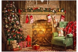 Aoihrraan 3x2m Natale Camino Sfondo Albero Di Natale Calzino Regalo Mattoni Caldo Camino Divano Parete In Legno Tappeto Rosso Fondali Fotografia Capodanno Festa Bambini Adulti Ritratto Foto