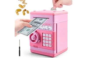 ATM Piggy Bank for Girls Boys, PhilaeEC Real Money Cash Coin Can Saving Box Electronic Money Safe Bank for Kids Baby and Adult Collection Games Supplies - Hot Birthday Gifts (Pink)
