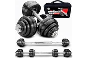 ManiBoom Maletin Pesas y Mancuernas Ajustables de HIERRO ANTIDESLIZANTES - Mancuernas 10kg 15kg 20kg 30kg 40kg 50kg con Barra Regulables y Cierre de SEGURIDAD - Kit de Ejercicio Gym en Casa Ø27,5mm