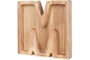 MoneRffi Personalized Letters Wooden Piggy Bank 23x23cm, A-Z Letters Coin Bank Money Box with Clear Alphabet Stickers, Money Saving Bank For Family Christmas Birthday DIY Gift Home Decoration