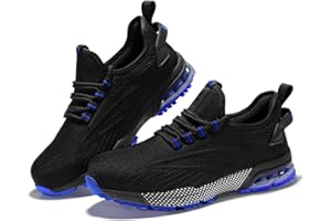 SPIEZ Safety Trainers for Men Women, Air Cushion Composite Toe Work Trainers, Lightweight Breathable Non Steel Toe Shoes Black Blue/Black Yellow UK3-11.5