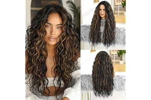 OUFEI Negra Larga con Mechas Marrones Pelucas Onduladas para Mujeres Negras Pelo Sintético Natural Resistente al Calor Pelucas para Fiesta Diaria Cosplay Wear