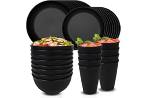 CSYY Niezniszczalne zestawy zastawy stołowej dla 8 osób, zestaw plastikowych talerzy i misek, lekkie plastikowe talerze kempingowe, miski, kubki, zestaw obiadowy dla dzieci (czarny)