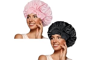 ‎BONNET QUEEN BONNET QUEEN Silk Bonnet Sleep Cap, Silk Bonnet, Satin Hair Cap, Sleep Cap for Curly Hair for Women with Adjustable Tie, Black & Light Pink