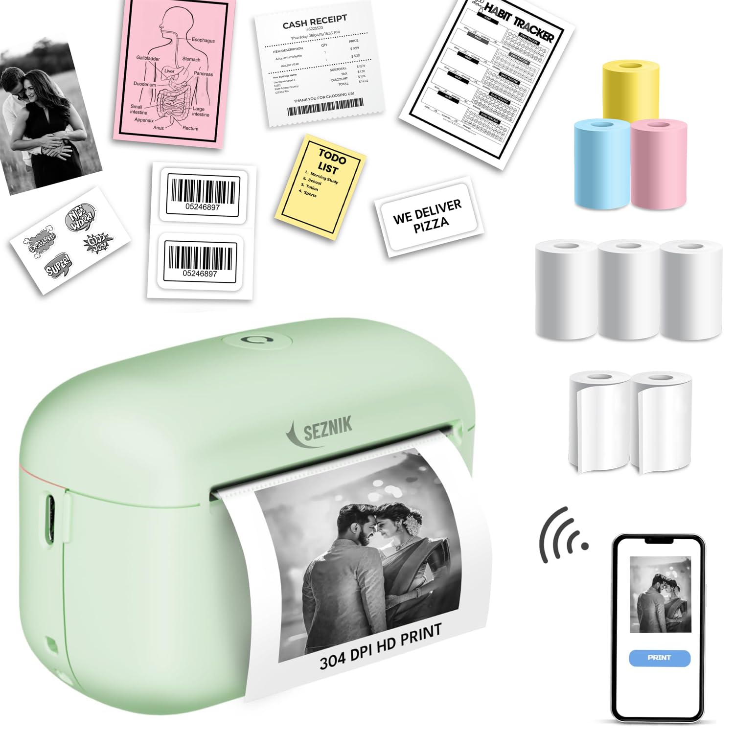 SEZNIK Mini Printer, Ultra HD Print 304 dpi | Inkless | Portable | Bluetooth Compatible with Android iOS | 1 Year Warranty (Mini-UltraHD-Green)